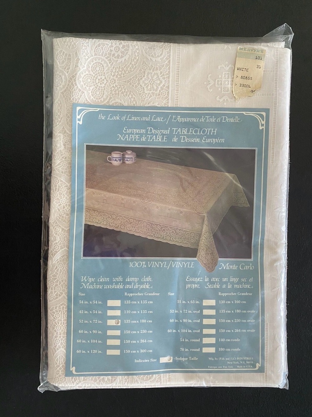 Vintage European Design Look Of Linen And Lace Vinyl Tablecloth 52”x73” USA